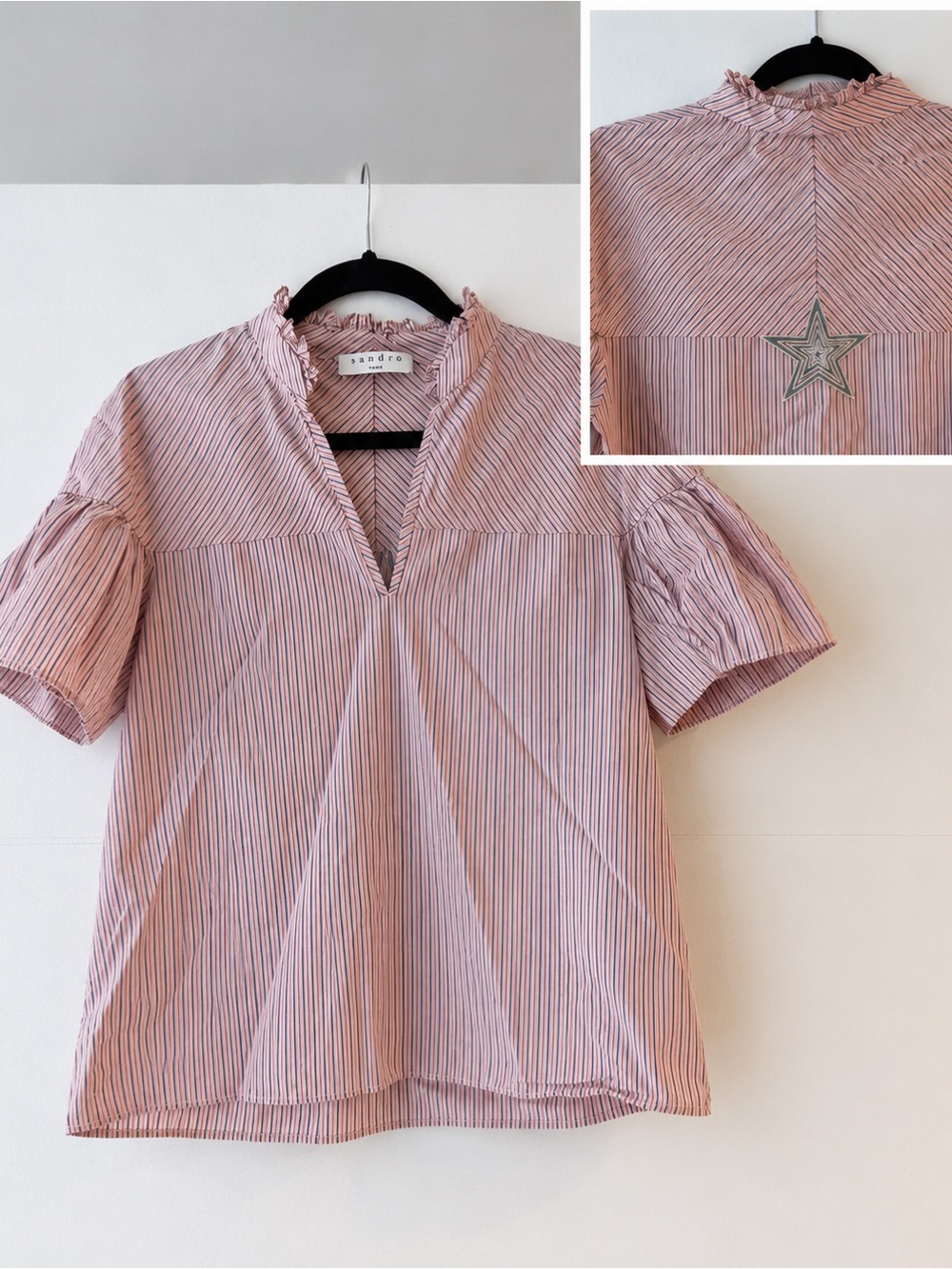 Sandro Paris Pink Pinstripe Cotton Blouse | Puff Sleeve Star Patch | Size 1 (S)